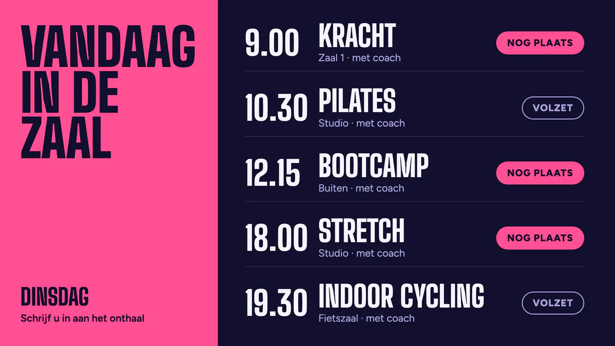 Scherm van een sportschool met de groepslessen van vandaag, van kracht om 9.00 tot een fietsles om 19.30, en bij elke les of er nog plaats is