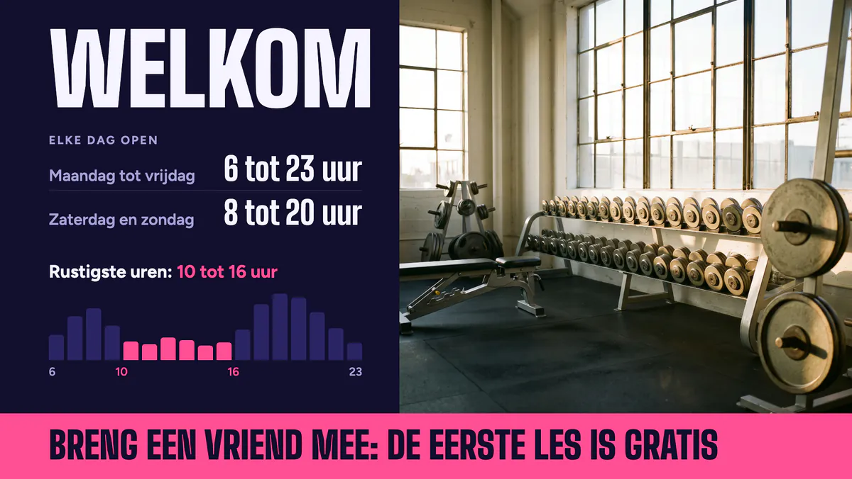 Onthaalscherm met Welkom, de openingsuren van de week en het weekend, de rustigste uren in een grafiek en een gratis eerste les voor wie een vriend meebrengt