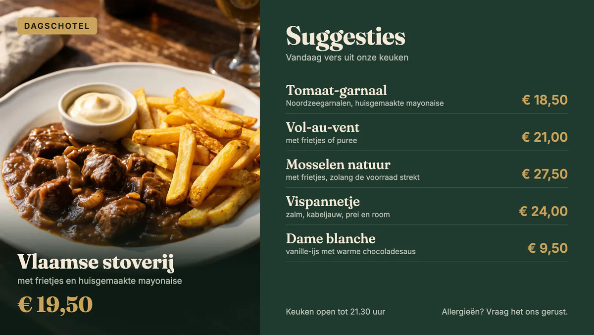 Menubord met de dagschotel en de suggesties van vandaag