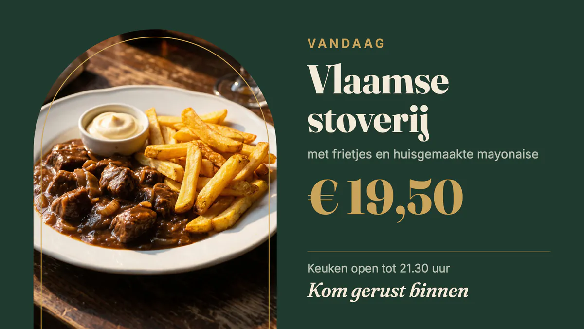 Scherm in het raam met de dagschotel van vandaag, de prijs en tot hoe laat de keuken open is