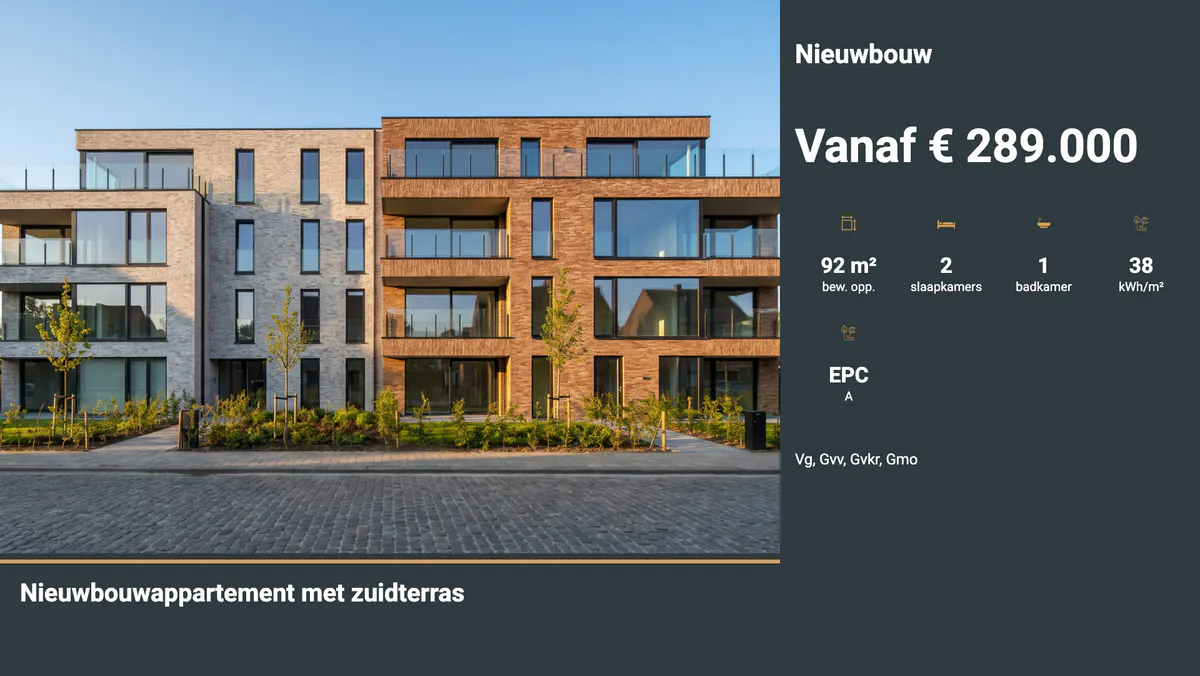 Scherm met een nieuwbouwappartement, de vraagprijs en de kenmerken van het project