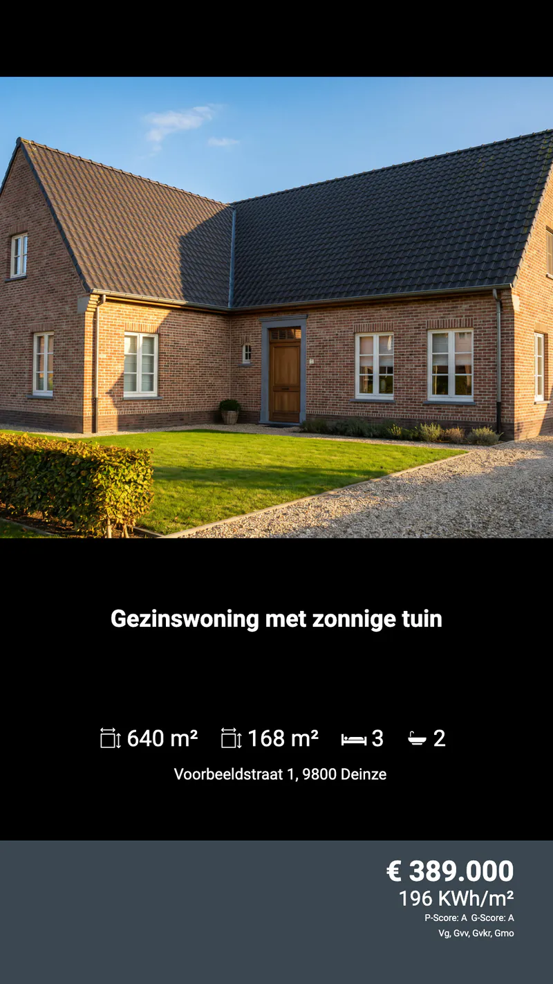 Voorbeeldscherm in portret met een gezinswoning te koop aan de Voorbeeldstraat 1 in 9800 Deinze: de prijs, de EPC-score van 196 kWh/m², de P-score A, de G-score A en de stedenbouwkundige afkortingen