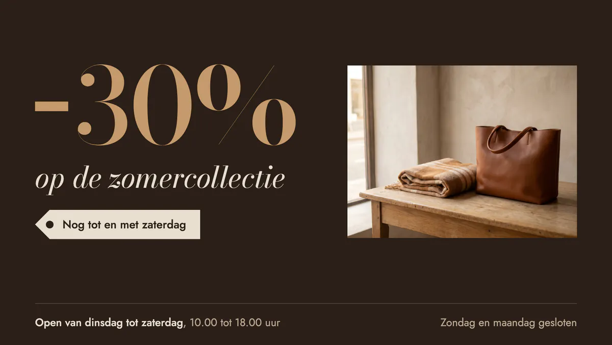 Scherm met een korting van dertig procent op de zomercollectie en de openingsuren