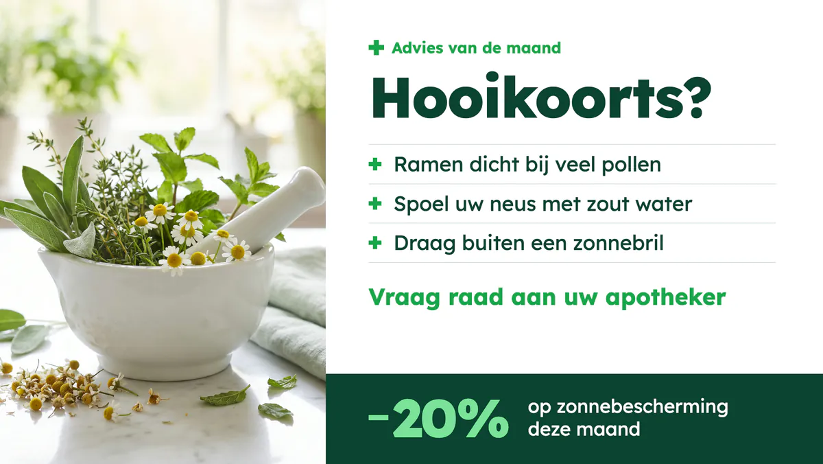 Scherm met het advies van de maand over hooikoorts, drie tips en -20% op zonnebescherming