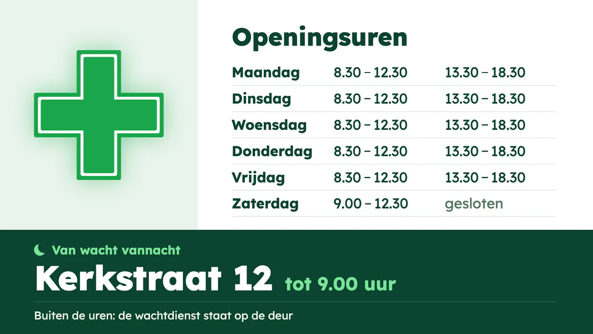 Scherm van een apotheek met een groen kruis, de openingsuren en het adres van de apotheek van wacht