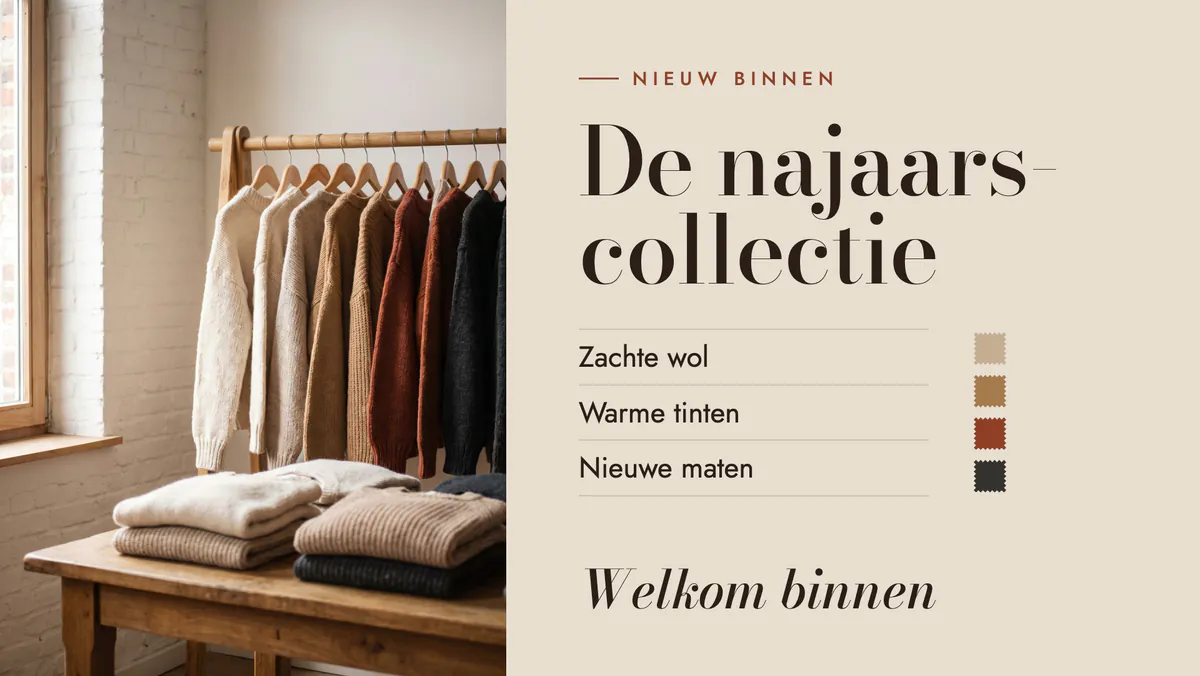 Scherm van een kledingboetiek met de najaarscollectie en een rek met wollen truien