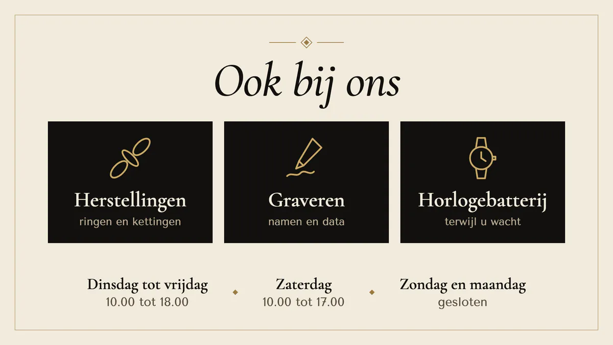 Binnenkant van het scherm met drie diensten, herstellingen van ringen en kettingen, graveren en een horlogebatterij terwijl u wacht, en de openingsuren van dinsdag tot zaterdag