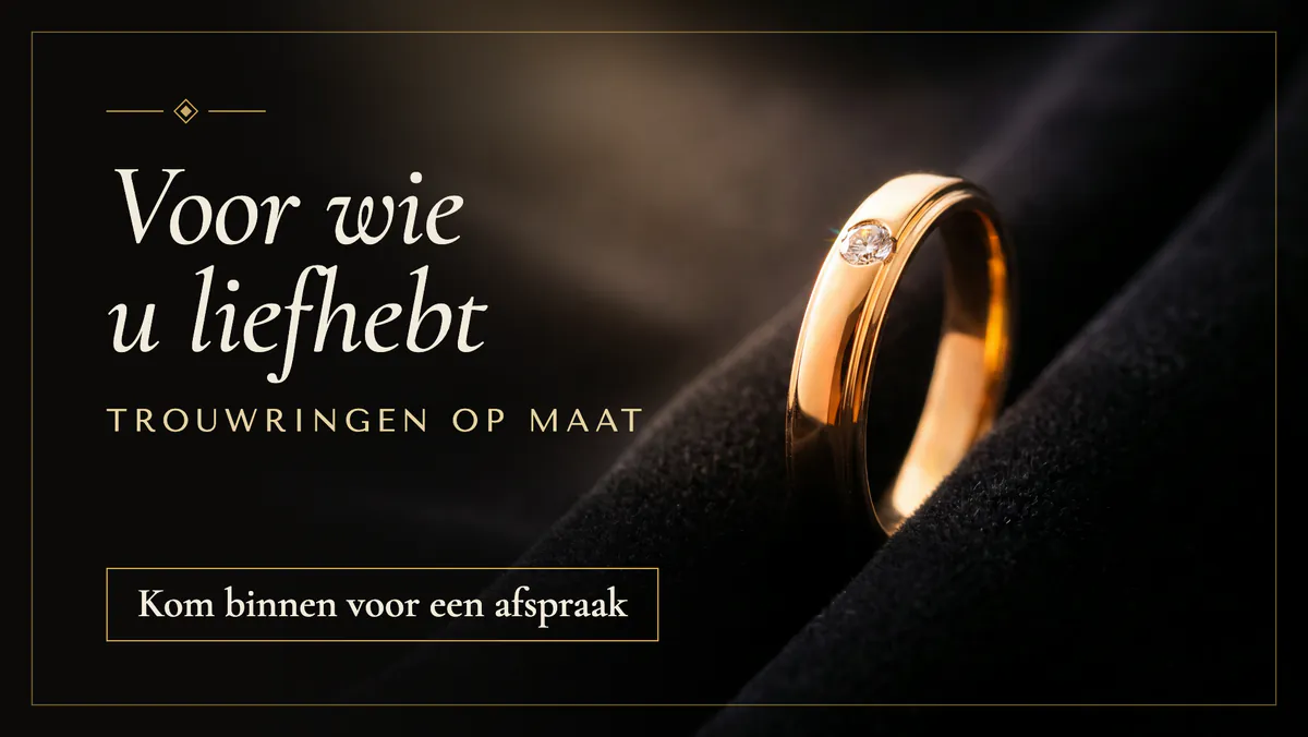 Straatkant van het scherm van een juwelier, met een gouden trouwring met een kleine steen op zwart fluweel, de woorden Voor wie u liefhebt en een uitnodiging om binnen te komen voor een afspraak