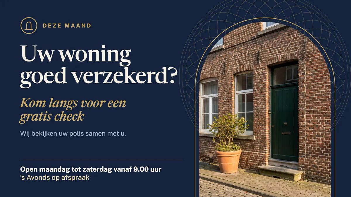 Scherm met de campagne Uw woning goed verzekerd?, een uitnodiging voor een gratis check en een foto van een bakstenen rijhuis
