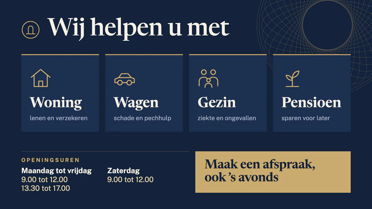 Scherm van een verzekeringskantoor met vier diensten en de openingsuren