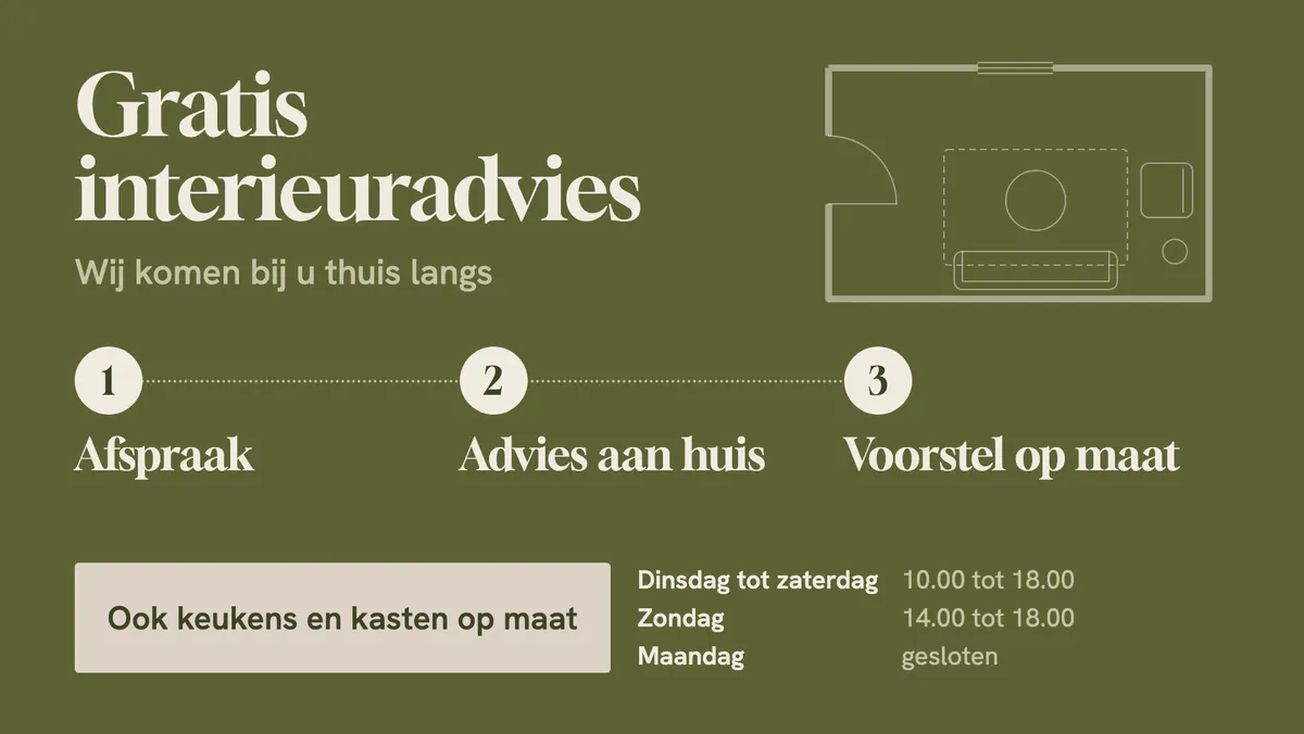 Scherm met gratis interieuradvies aan huis in drie stappen, het grondplan van een woonkamer, keukens en kasten op maat en de openingsuren