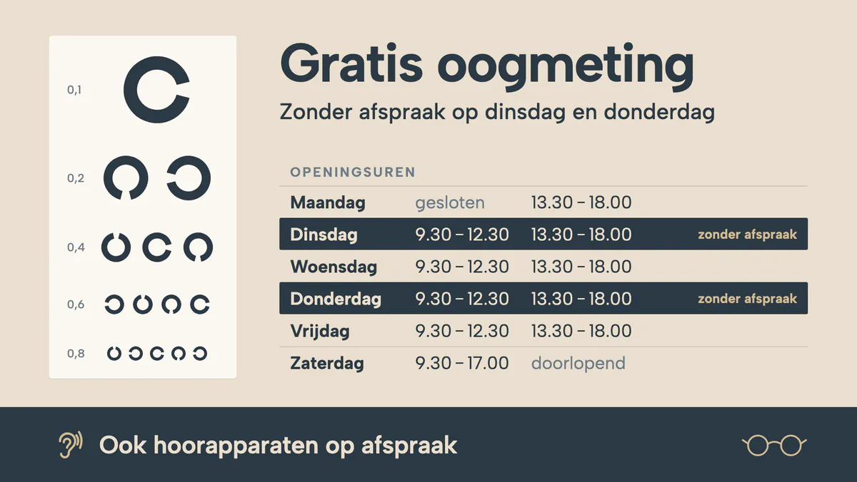 Scherm met een gratis oogmeting zonder afspraak op dinsdag en donderdag, een kaart voor de oogtest en de openingsuren van maandag tot zaterdag