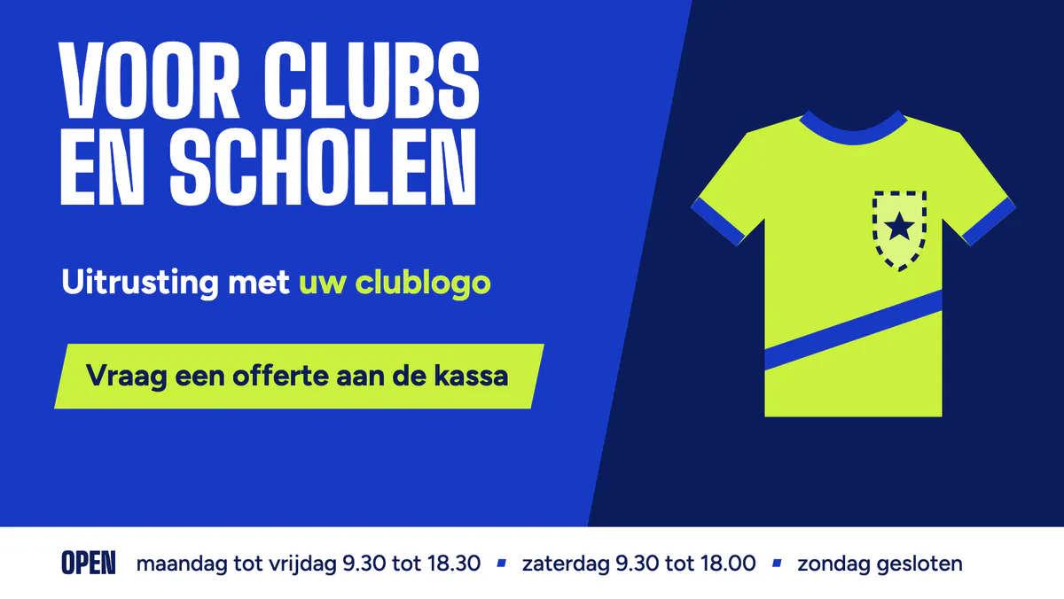 Scherm voor clubs en scholen met een sporttruitje met een schild, uitrusting met uw clublogo, een offerte aan de kassa en de openingsuren