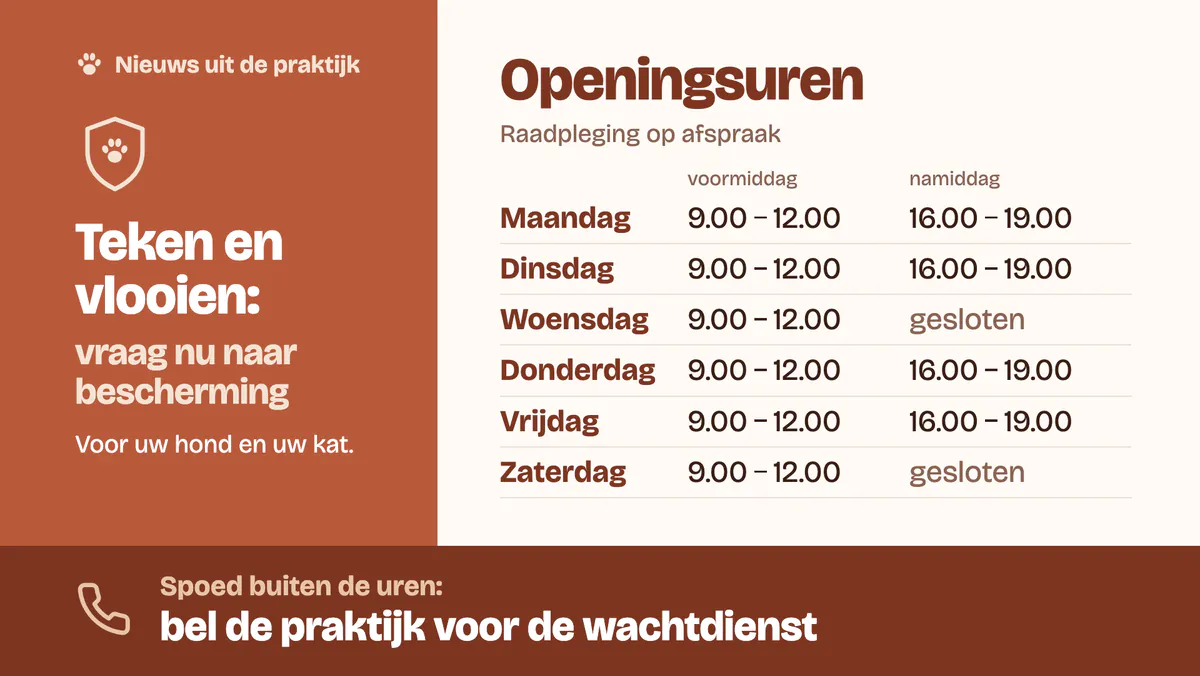 Scherm met de openingsuren van maandag tot zaterdag, raadpleging op afspraak, nieuws over bescherming tegen teken en vlooien en bij spoed buiten de uren de praktijk bellen voor de wachtdienst