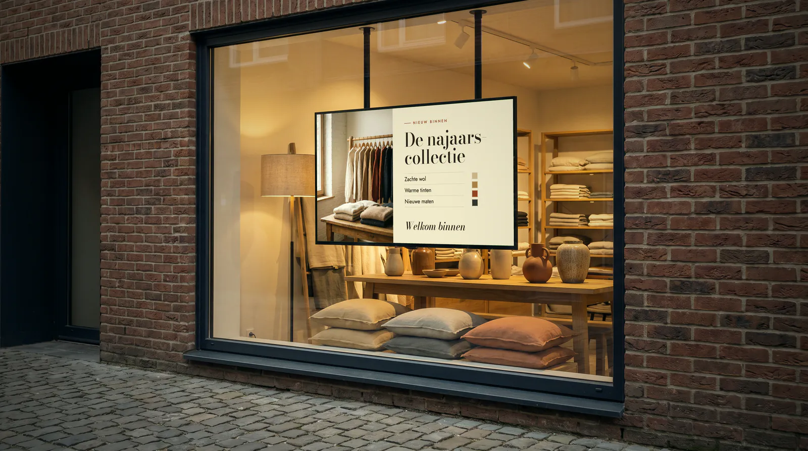 Etalage van een interieurwinkel gezien vanaf de straat, met een scherm dat achter het glas hangt