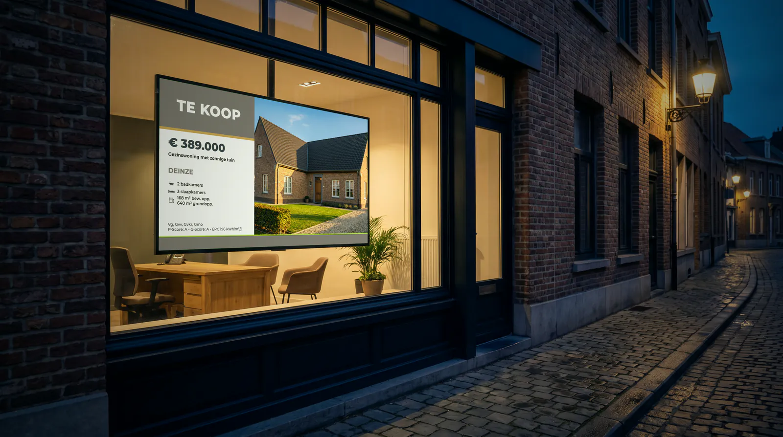 Vastgoedkantoor bij valavond, met in de etalage een scherm dat een woning te koop toont