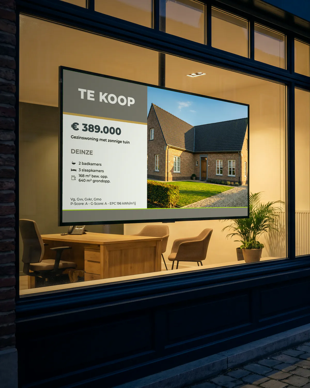 Etalage van een vastgoedkantoor bij valavond, met op het scherm een woning te koop