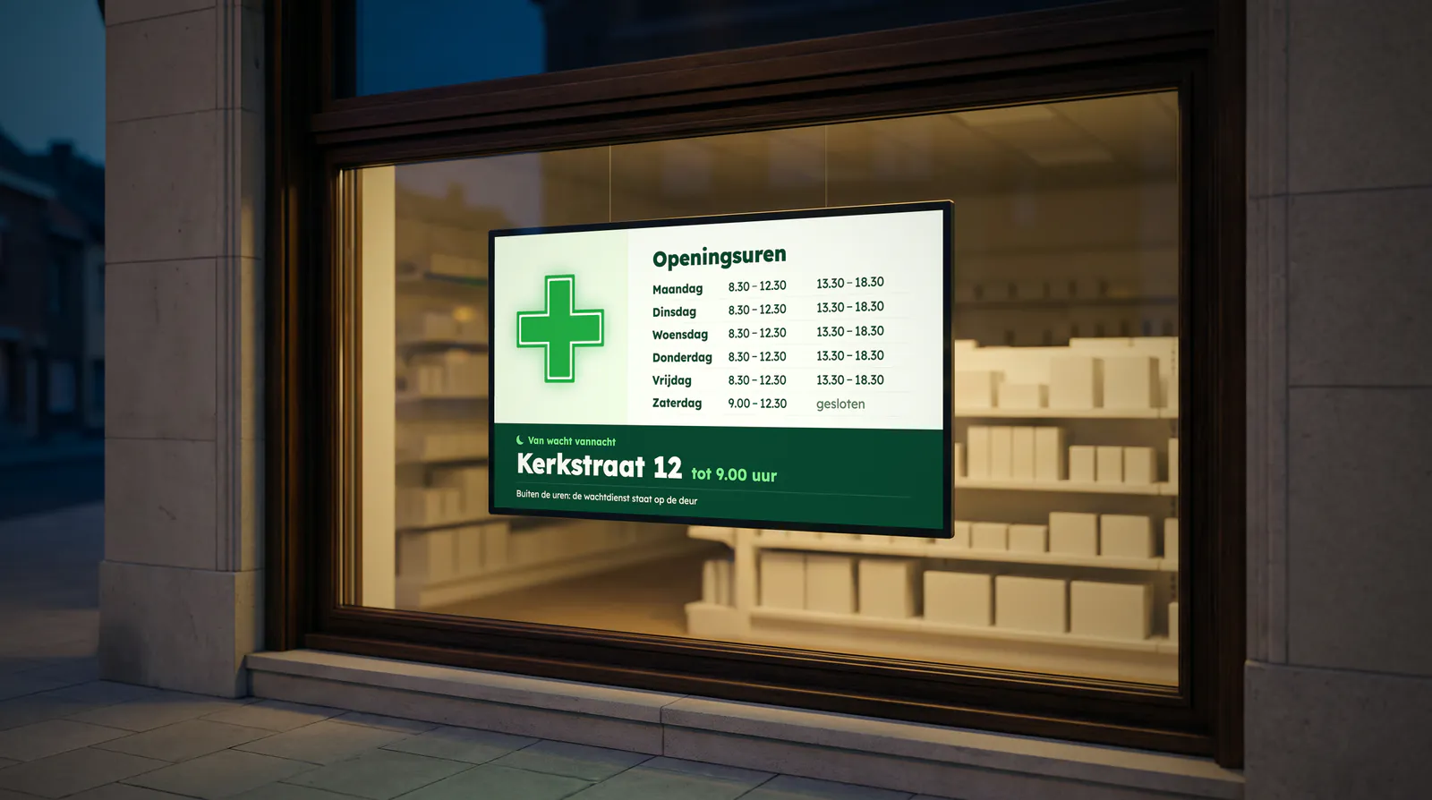 Raam van een apotheek bij valavond, met een scherm dat de openingsuren en de apotheek van wacht toont