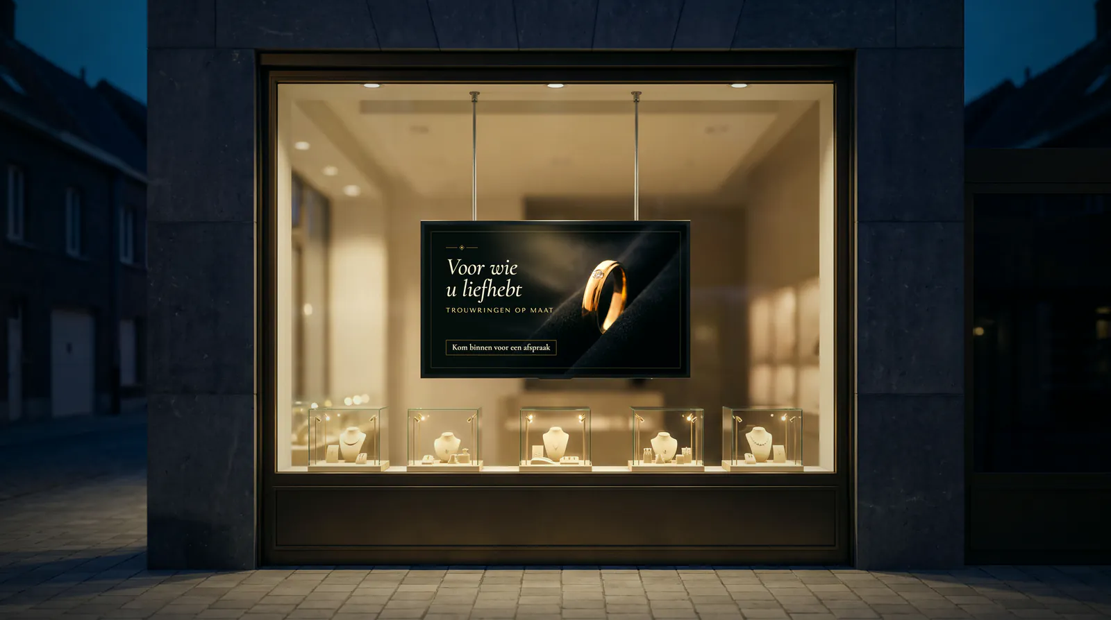 Etalage van een juwelier bij valavond, met een scherm dat aan twee stangen aan het plafond vrij in het raam hangt, boven vitrines met kettingen