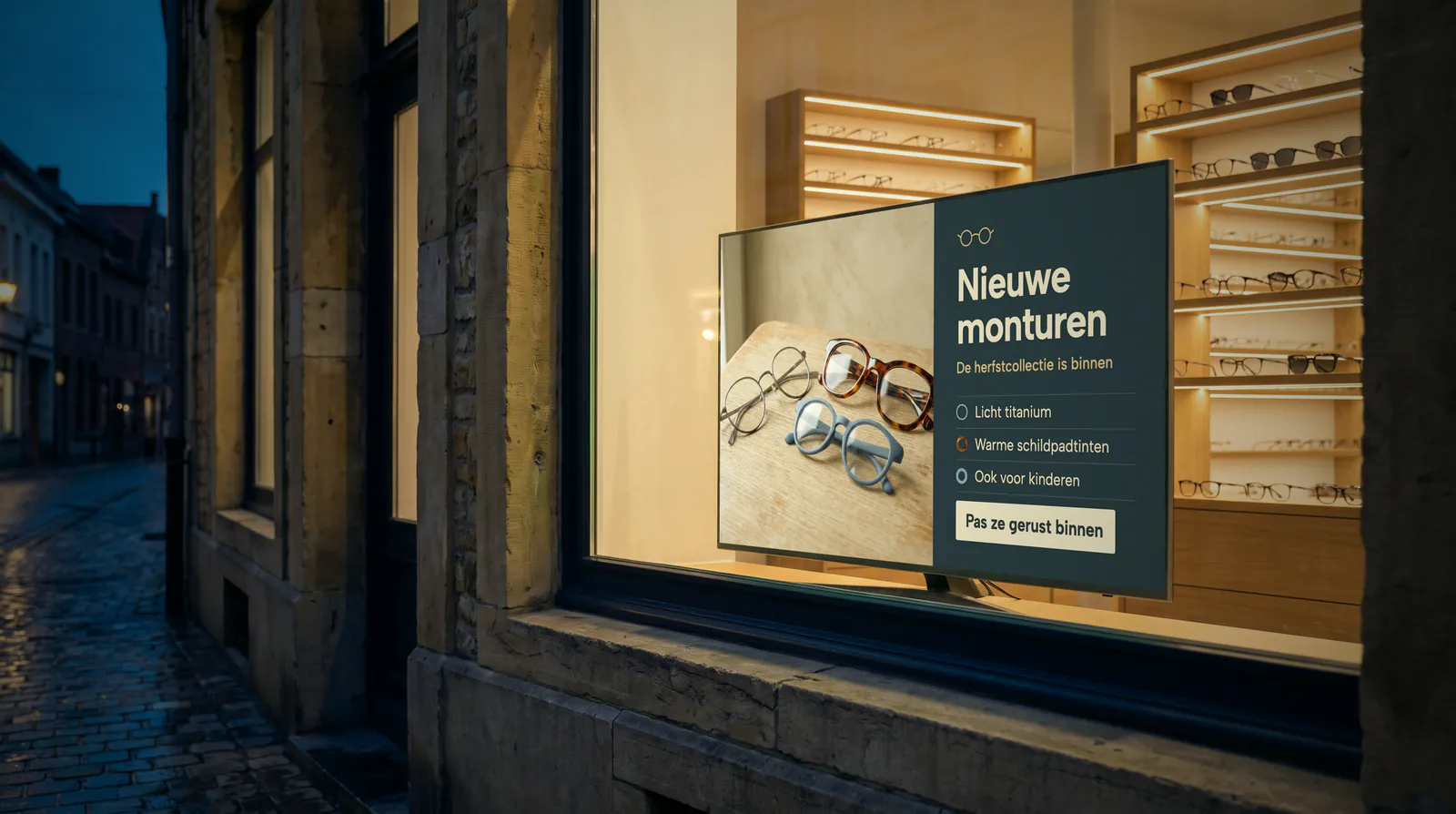Etalage van een opticien bij valavond, met een scherm op een voet voor verlichte rekken vol brillen