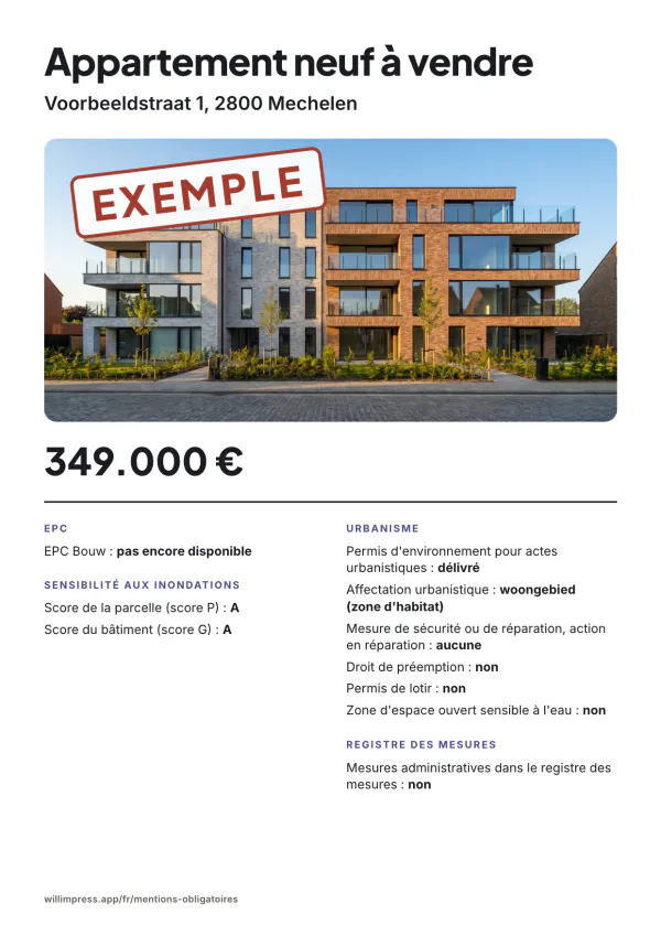 Exemple d'affiche : Construction neuve sans EPC, Voorbeeldstraat 1, 2800 Mechelen