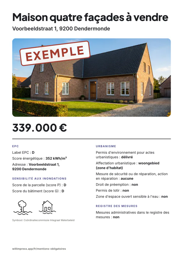 Exemple d'affiche : Maison avec un score P et un score G D, Voorbeeldstraat 1, 9200 Dendermonde