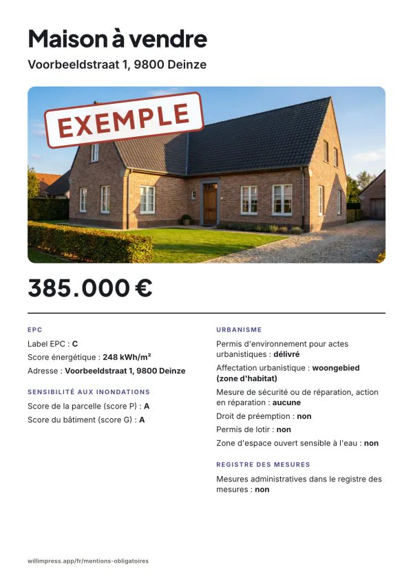 Exemple d'affiche : Maison à vendre, Voorbeeldstraat 1, 9800 Deinze