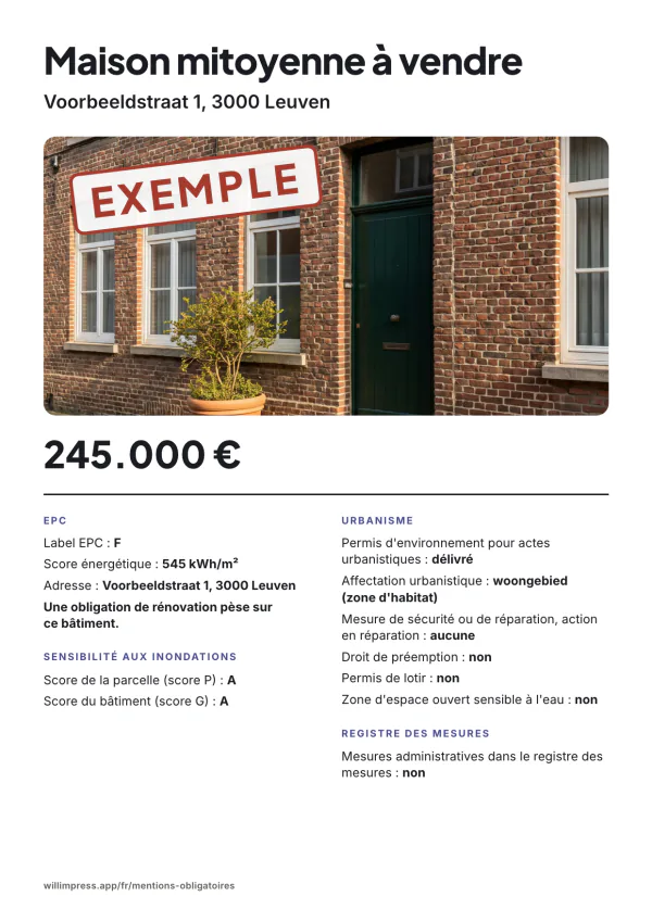 Exemple d'affiche : Maison avec obligation de rénovation, Voorbeeldstraat 1, 3000 Leuven