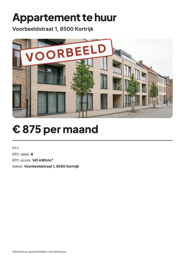 Voorbeeldaffiche: Appartement te huur, Voorbeeldstraat 1, 8500 Kortrijk