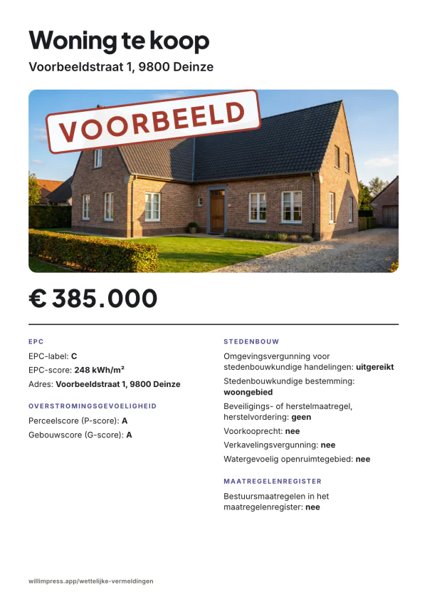 Voorbeeldaffiche: Woning te koop, Voorbeeldstraat 1, 9800 Deinze